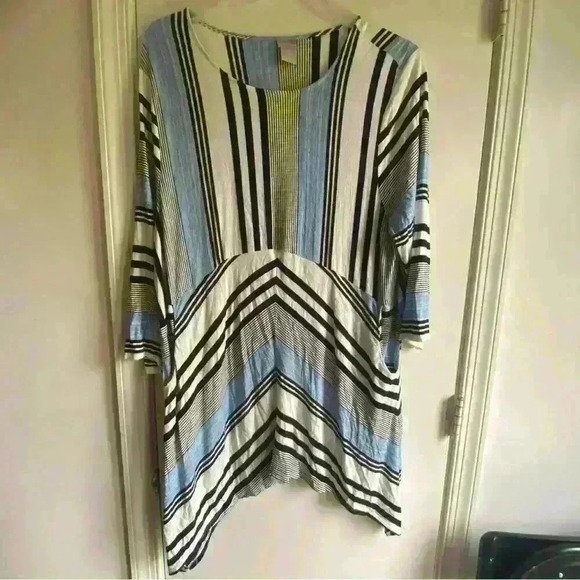 Chicos Womens Long Sleeve Tunic Top Size XL Blue White Black Stripe Round Neck - Picture 1 of 4